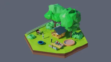 3D low poly hexagonal backyard picnic scene with large shade tree, outdoor furniture, trampoline, barbecue area, and family recreation space