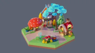 3D low poly hexagonal fairy tale village with giant red mushroom house, magical trees, colorful buildings, fountain, and whimsical fantasy elements
