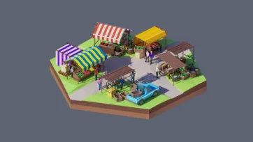 3D low poly hexagonal outdoor market scene with colorful vendor stalls, striped awnings, customers, delivery truck, and bustling commercial activity