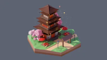 3D low poly hexagonal Japanese temple scene with traditional pagoda tower, cherry blossom trees, zen garden, lanterns, and peaceful cultural setting