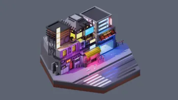 3D low poly hexagonal futuristic cyberpunk city scene with neon-lit buildings, flying vehicles, colorful lighting, and urban nightlife atmosphere