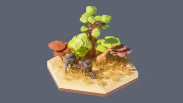 3D low poly hexagonal African savanna scene with large baobab tree, elephants, giraffes, golden grassland, and wildlife in natural habitat