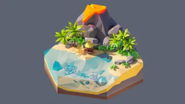 3D low poly hexagonal volcanic tropical island with active volcano, palm trees, lava flows, ocean waves, and small figures in paradise setting