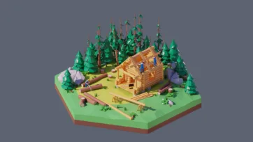 3D low poly hexagonal forest cabin construction scene with log house building, workers, pine trees, lumber materials, and woodland environment