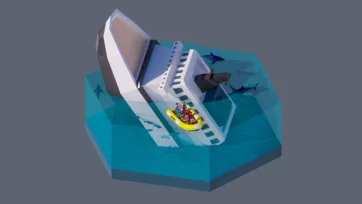 3D low poly hexagonal shipwreck scene with sinking cruise ship, life raft with survivors, sharks, and ocean rescue operation in dramatic seascape