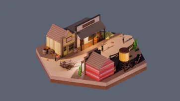 3D low poly hexagonal wild west town scene with saloon, water tower, wooden buildings, horse cart, barrels, and frontier characters in desert setting
