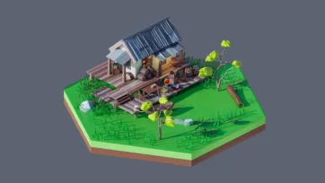 3D low poly hexagonal medieval village scene with timber houses, farmland, rural buildings, and countryside settlement in green landscape