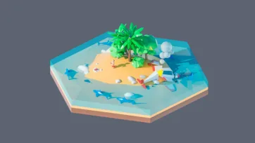 3D low poly hexagonal shipwreck island scene with crashed plane, palm trees, sharks, and survival adventure setting in tropical waters