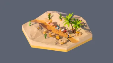 3D low poly hexagonal desert oasis scene with camels, palm trees, travelers, and refuge point in sandy wilderness environment