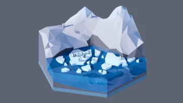 3D low poly hexagonal antarctic scene with penguins, icebergs, polar ice formations, and pristine white frozen landscape