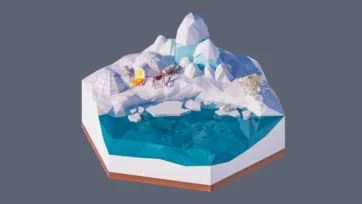 3D low poly hexagonal arctic scene with icebergs, glacial formations, polar bears, igloos, and frozen ocean environment
