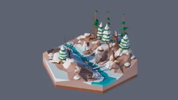 3D low poly hexagonal winter landscape with frozen river, bare trees, evergreen forest, and snow-covered terrain in cold climate