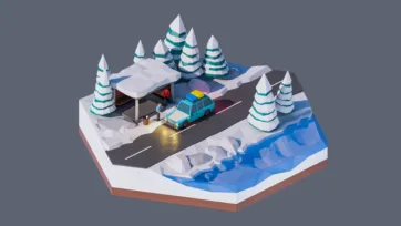 3D low poly hexagonal winter mountain road scene with car, gas station, snow-covered pine trees, and icy travel conditions
