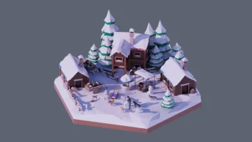 3D low poly hexagonal winter village scene with snow-covered houses, pine trees, people, and cozy rural settlement in white landscape