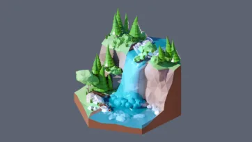3D low poly hexagonal forest waterfall scene with cascading blue water, evergreen trees, rocky cliffs, and pristine natural environment