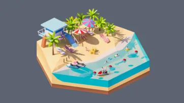 3D low poly hexagonal tropical beach vacation scene with beach huts, water sports, jet skis, umbrellas, and people enjoying summer activities