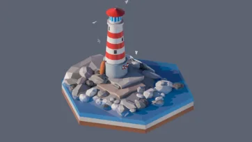 3D low poly hexagonal lighthouse scene with red and white striped tower, rocky coastline, seagulls, and dramatic ocean waves