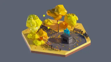 3D low poly hexagonal autumn park scene with memorial monument, fallen yellow leaves, park benches, and people in seasonal setting