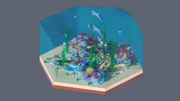 3D low poly hexagonal underwater ocean scene with colorful coral reef, tropical fish, dolphins, jellyfish, and vibrant marine life