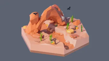 3D low poly hexagonal desert canyon scene with towering orange rock formations, flying birds, cacti, and dramatic geological structures