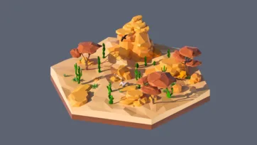 3D low poly hexagonal desert landscape with rock formations, cacti, scattered boulders, and arid terrain in warm earth tones