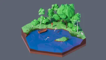 3D low poly hexagonal forest lake scene with dense green trees, calm blue water, small boat, and people enjoying nature in isometric view