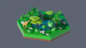 3D low poly hexagonal jungle oasis scene with giraffe, elephant, lush green vegetation, winding river, and tropical wildlife in stylized environment