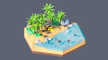 3D low poly hexagonal tropical beach island with palm trees, crystal clear water, scattered rocks, and small human figures in cartoon art style