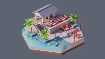 3D low poly hexagonal beach resort scene with modern pavilion, swimming pool, palm trees, colorful umbrellas, and people relaxing in tropical paradise setting