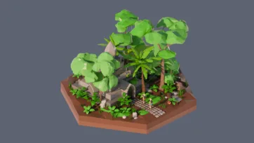 3D low poly hexagonal world scene featuring tropical jungle village with ancient stone structures, palm trees, small characters, and lush vegetation in isometric perspective