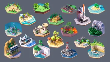 Space shuttle launch, hydroelectric dams, lighthouses, coral reefs, mountain tunnels, forest camping and natural wonder hexagonal tiles in low poly 3D style