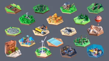 Historical and modern hexagon environments including Stonehenge, wind farms, oil rigs, helipads, water parks, ancient ruins and recreational facilities in 3D low poly art