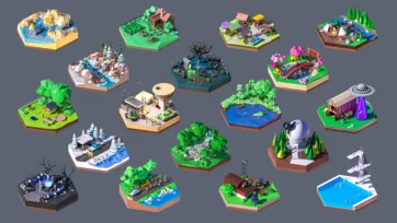 Fantasy and science themed hexagonal worlds featuring space observatories, carnival scenes, dark swamps, winter research stations and UFO alien encounters in low poly 3D