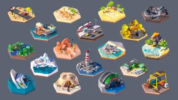 Transportation and landscape themed hexagon tiles including airports, desert oases, lighthouses, caves, construction sites and tropical beaches in 3D low poly style