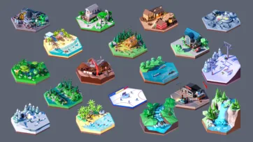 Hexagonal 3D environments showcasing industrial facilities, beach resorts, forest cabins, mining operations, ski slopes and water sports scenes in low poly design