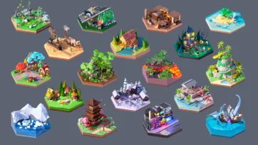 Detailed 3D hexagon worlds featuring medieval villages, tropical islands, winter castles, mushroom houses, pagodas and fantasy environments in low poly style