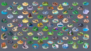 Worlds Hexagon 3D low poly pack collection showing diverse hexagonal tile environments including forests, deserts, cities, islands, mountains and fantasy landscapes