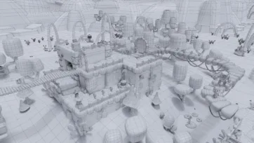 Adventure Land 3D low poly wireframe overview displaying technical mesh structure of modular platforms and environmental assets