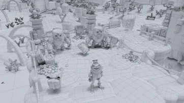 Adventure Land 3D low poly wireframe technical view showing mesh topology and polygon structure of characters and environment