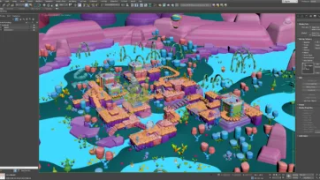 Adventure Land 3D low poly asset pack shown in 3ds Max software interface with tropical island scene and development tools
