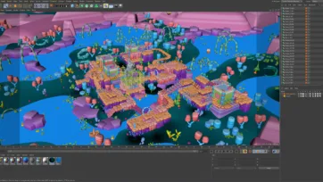 Adventure Land 3D low poly complete island scene in Blender viewport with platforms, characters, and tropical environment elements