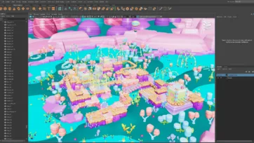 Adventure Land 3D low poly assets displayed in Cinema 4D software showing detailed island environment and modeling workspace