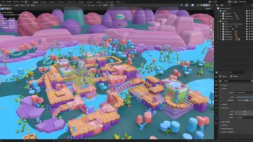 Adventure Land 3D low poly pack shown in Blender software interface with complete tropical island scene and asset organization