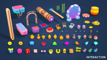 Adventure Land 3D low poly interaction items and collectibles including teleporter, spyglass, treasure chests, keys, potions, and various game objects