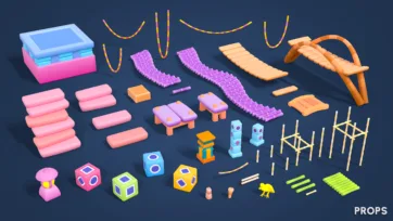 Adventure Land 3D low poly construction props and tools including scaffolding, ramps, blocks, dice, and building game elements