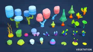 Adventure Land 3D low poly vegetation collection featuring trees, plants, mushrooms, coral, and various natural environmental elements