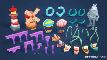 Adventure Land 3D low poly decorative elements including lighthouse, windmill, hot air balloons, arches, and environmental props