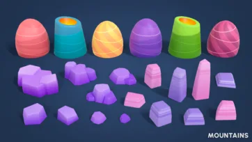 Adventure Land 3D low poly mountain and rock formation assets with various shapes, colors, and environmental building elements