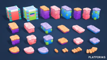 Adventure Land 3D low poly modular platform pieces collection showing various shapes, sizes, and building components for level design