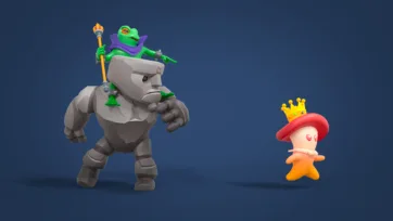 Adventure Land 3D low poly stone golem character with frog king companion and mushroom character, fantasy adventure party